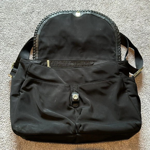 TORY BURCH Leather Trim Monogram Lining Messenger Crossbody Bag LARGE EUC - Picture 4 of 9